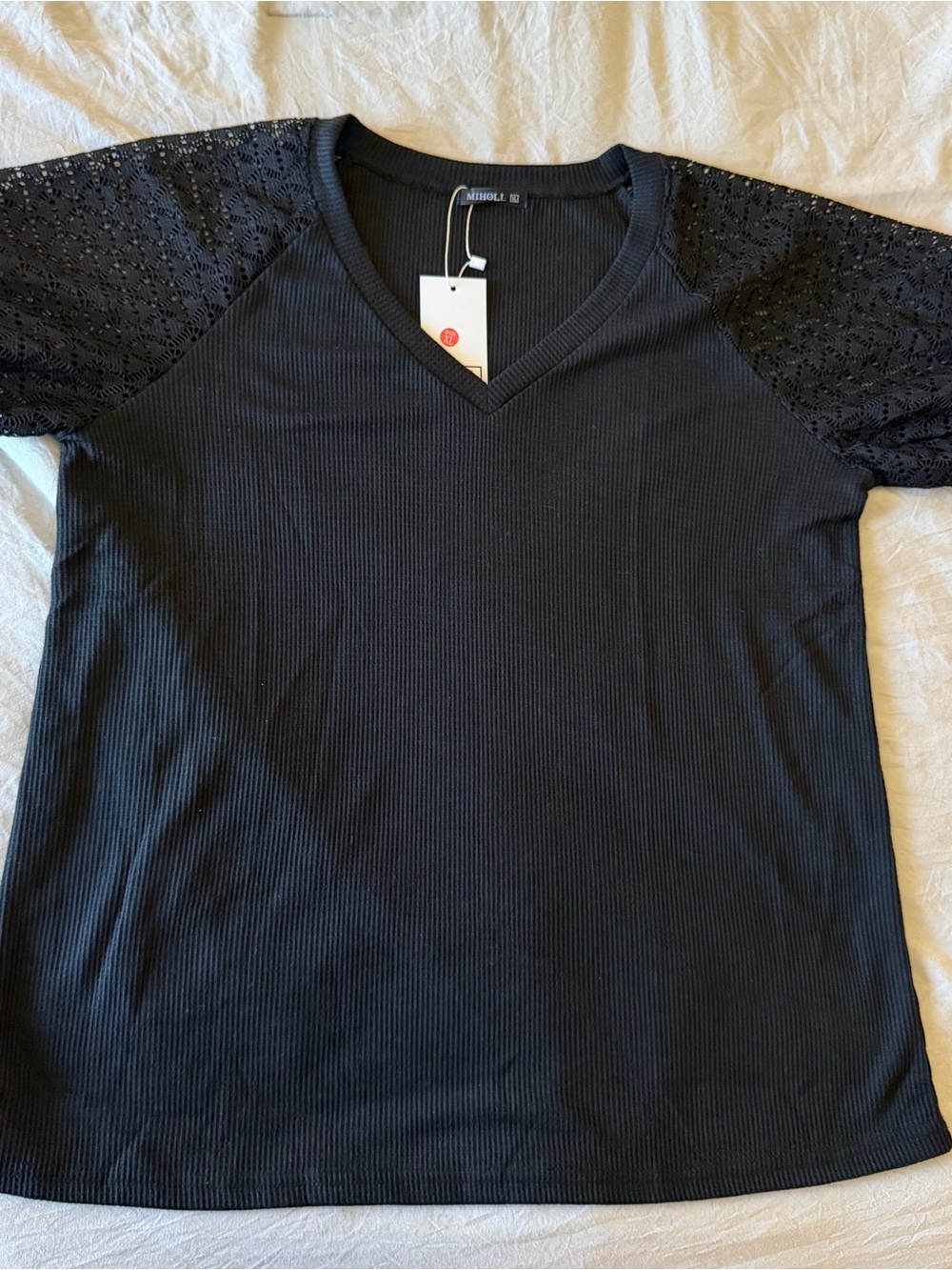 Black V-Neck Short Sleeve Tee with Eyelet Sleeves
